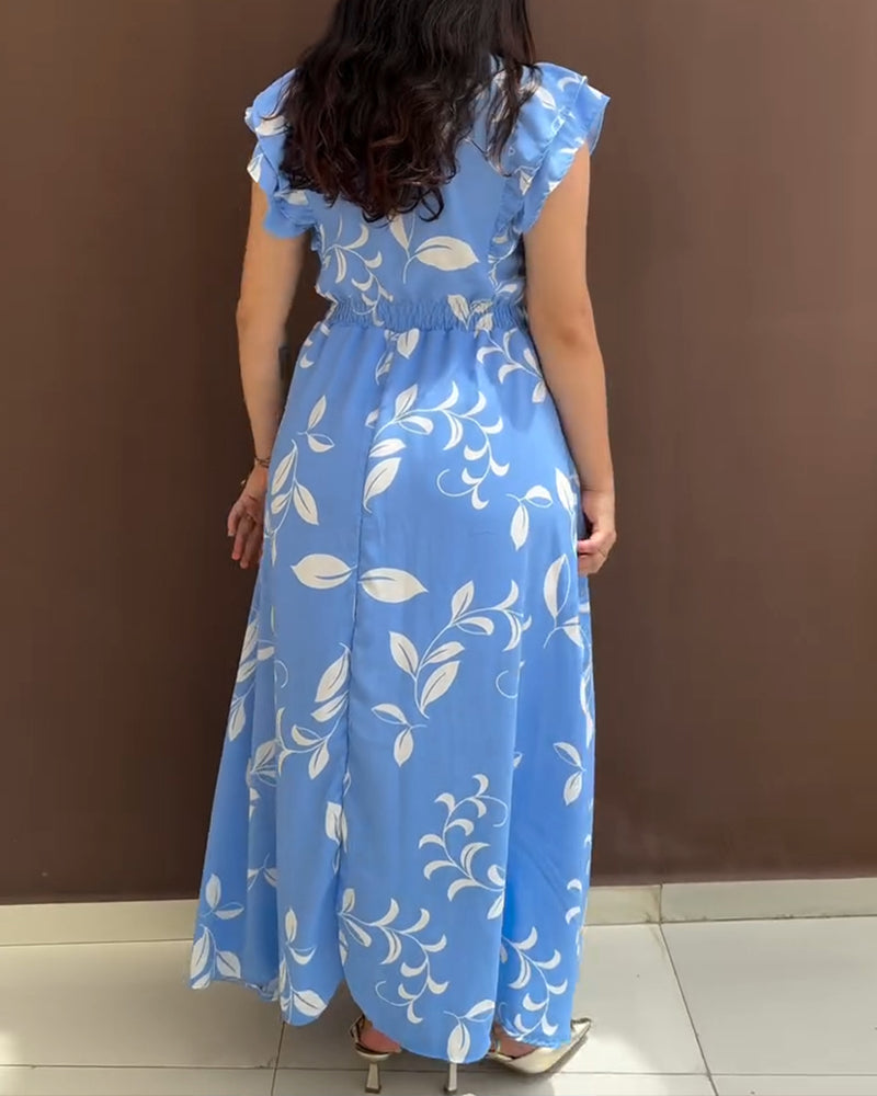 Women Blue Floral Floral Lace-Up Maxi Dress with Ruffled Shoulder Neck 3