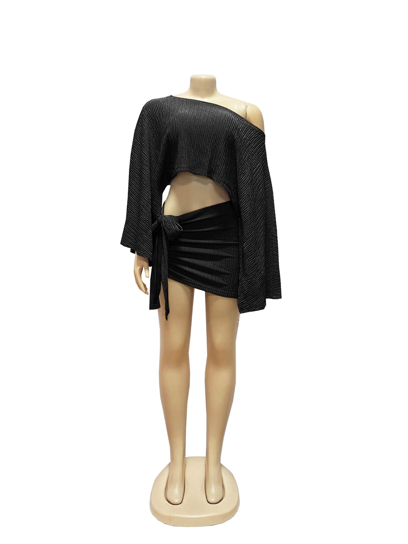 Women's Summer Beach Holidays Slash Shoulder Top Lace-Up Bodycon Short Skirt Set 16