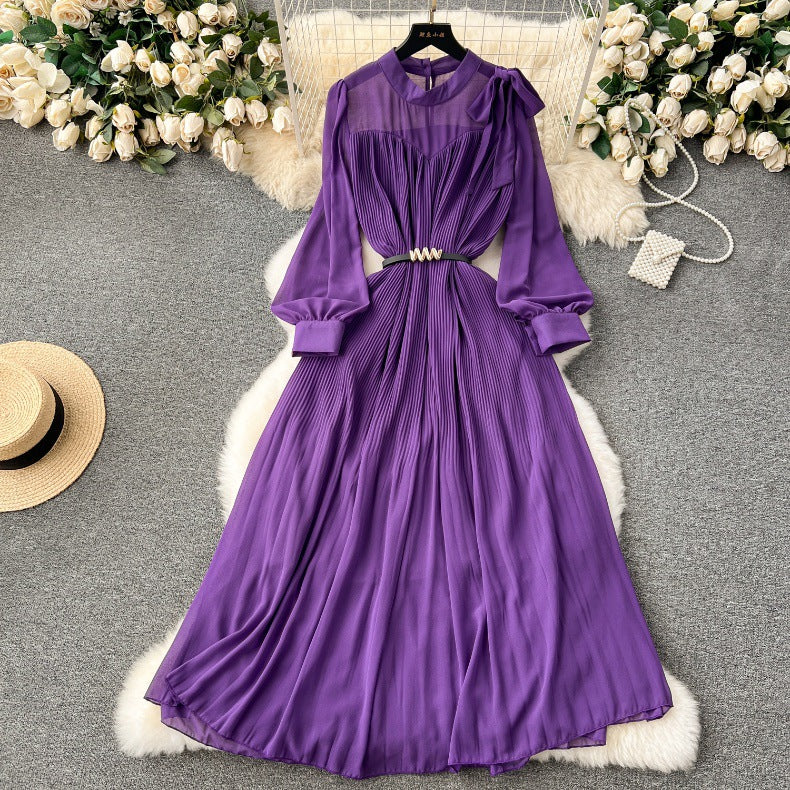 Spring Women's Bow Pleated Chiffon Puff Sleeve Long Dress 4