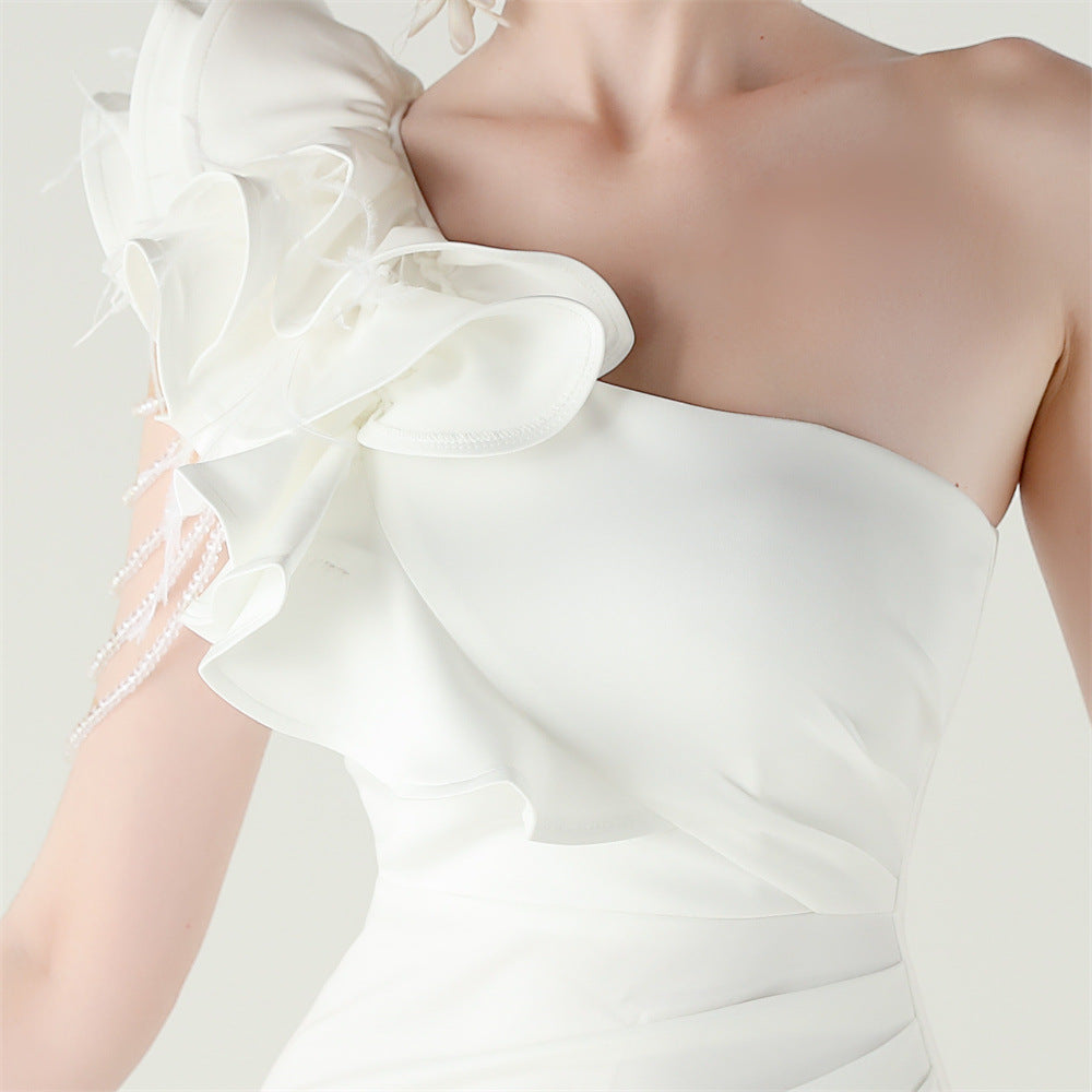 Women One-Shoulder Beaded Wool and Floral Satin Slit Sexy Evening Dress 53