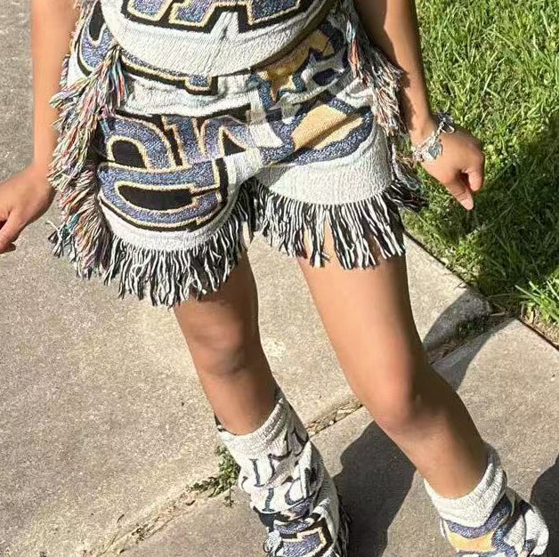 Women casual multi-color print tassel shorts