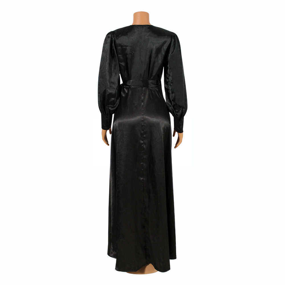 Women's Fashionable And Sexy V-Neck Solid Color Satin Lace-Up Irregular Long Dress 21