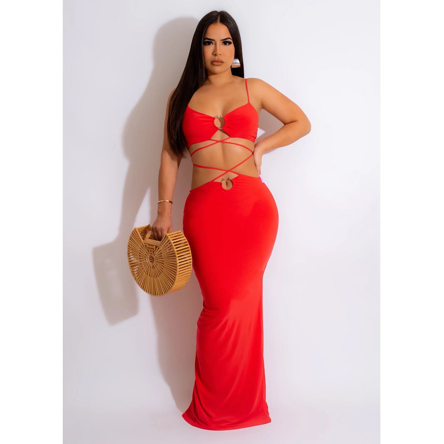 Women's Fashion Solid Color Lace-Up Sleeveless Straps Maxi Dress 9