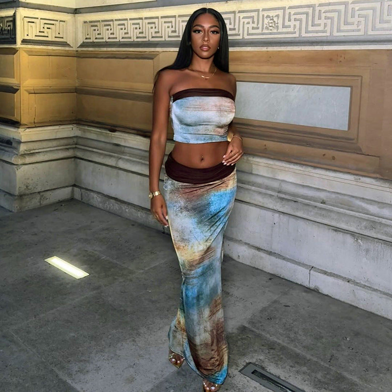 Spring Summer Women's Gradient Print Strapless Slim Two Piece Skirt Set 4