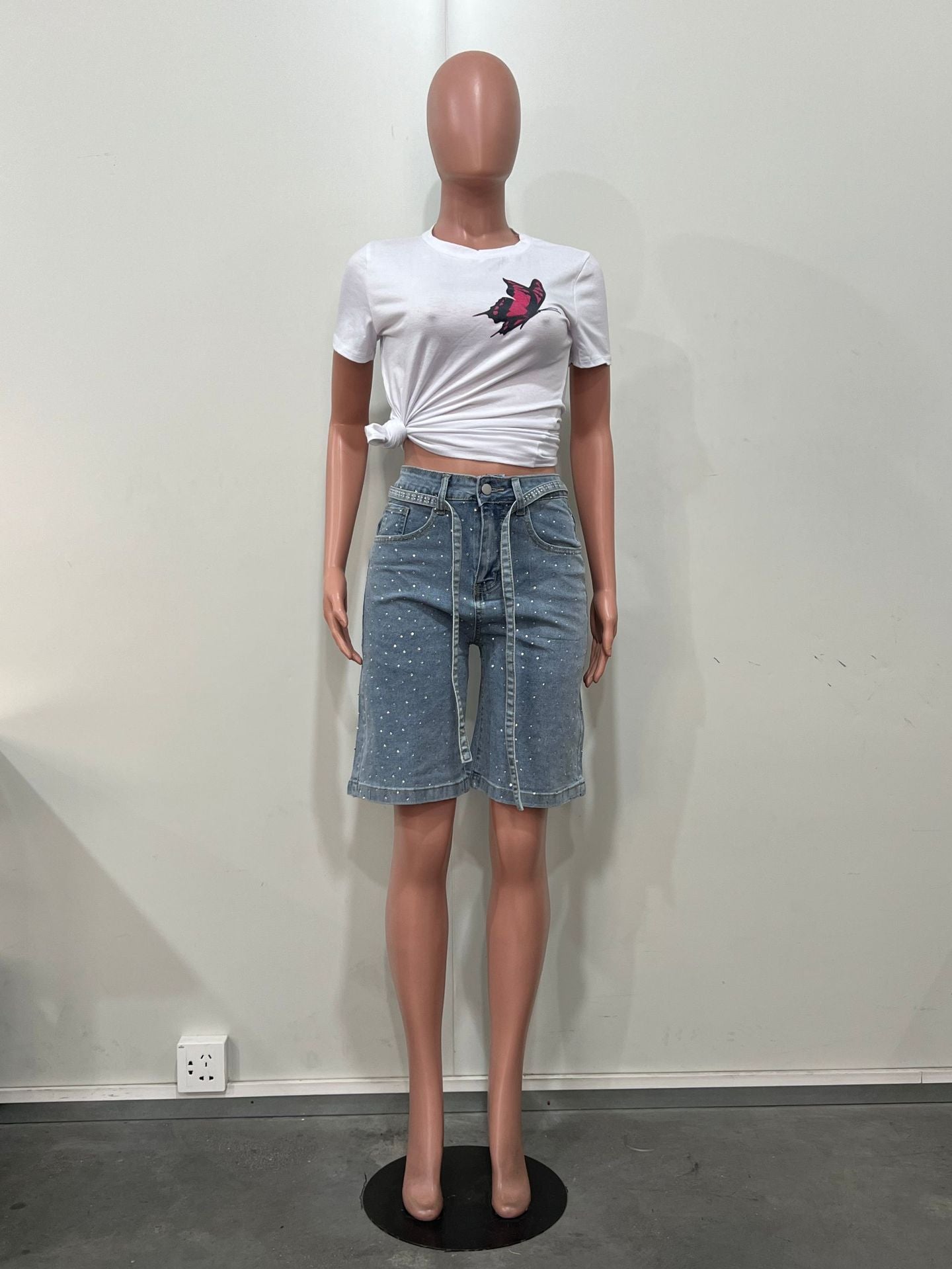 Spring Summer women's loose beaded midi denim pants with belt 8