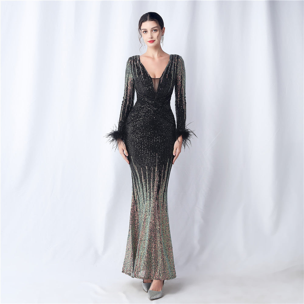 Women Ostrich Feather Gradient Sequins Long Sleeve Evening Gown 8