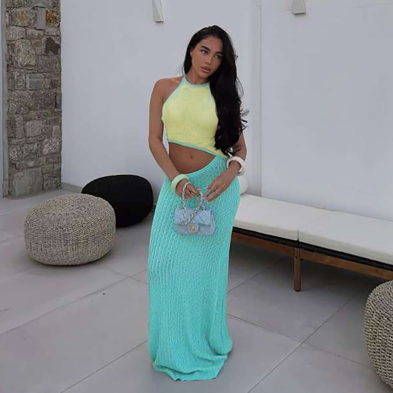 Women Summer Sexy Contrast Halter Neck Camisole Knitting Cutout Skirt Two-Piece Set 3