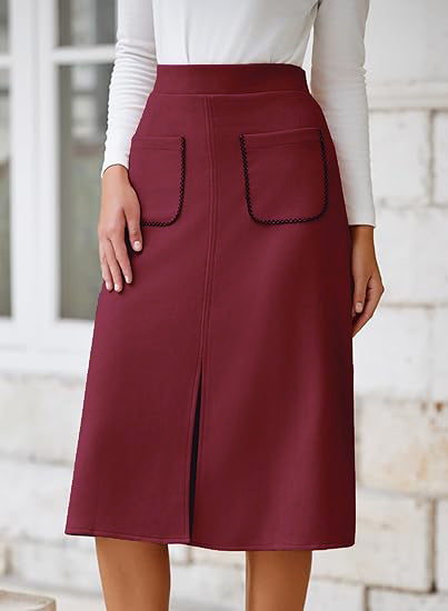 Women's Faux Suede Autumn And Winter Elastic Waist Front Pocket A-Line Midi Skirt 9