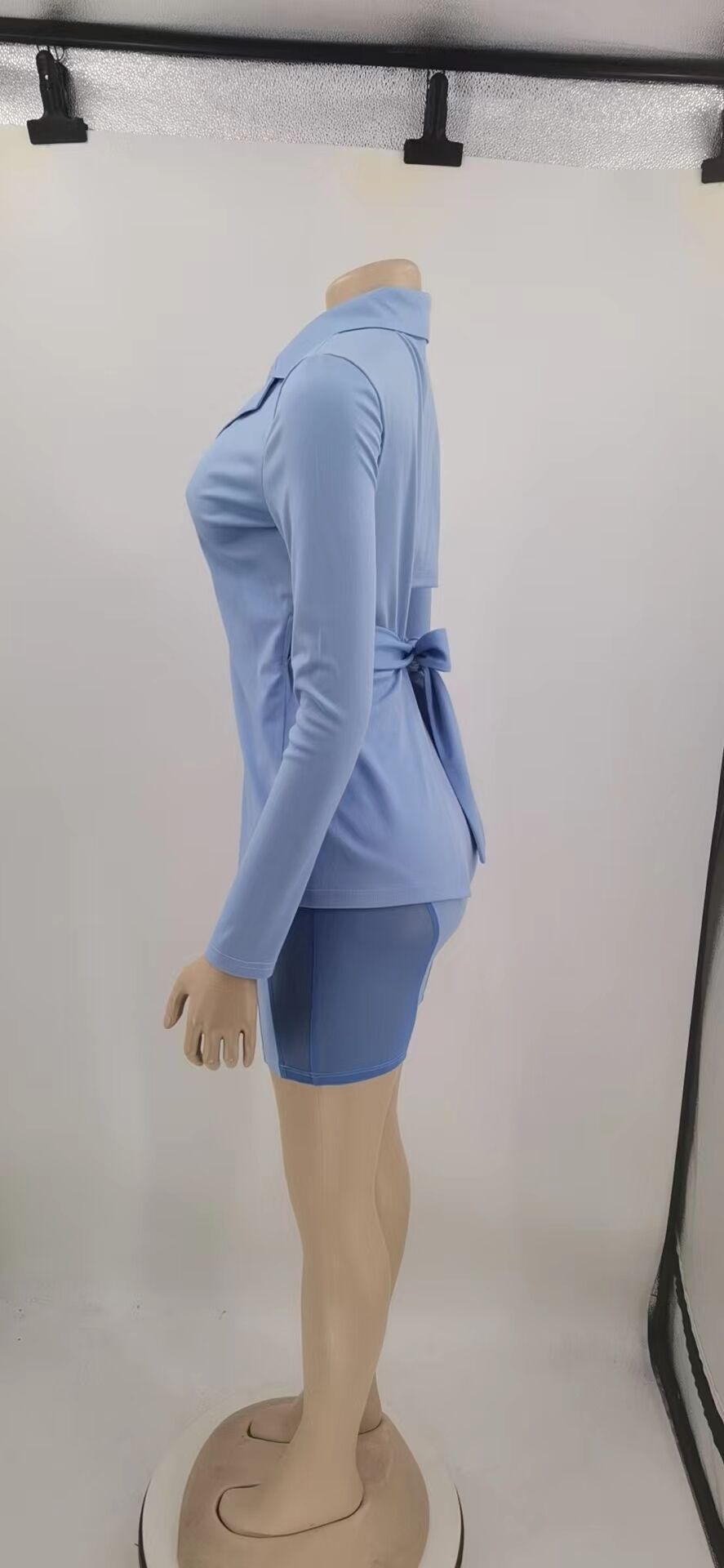 Sexy Women's Suit Solid V-Neck Top Back Lace-Up Pants Mesh Patchwork Set 15