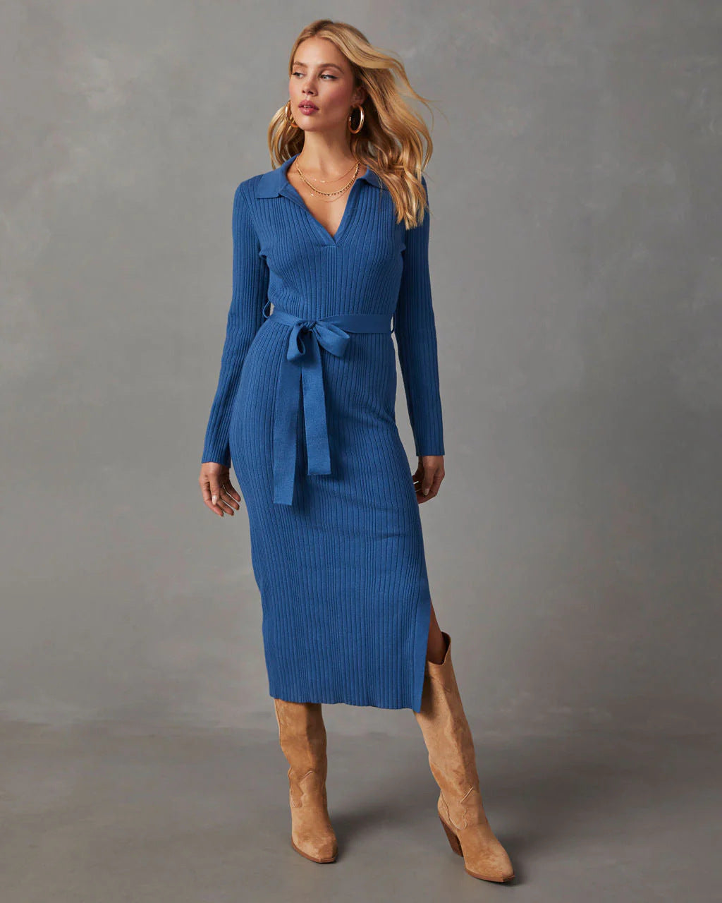 Women's Turndown Collar V-Neck Knitting Dress 4