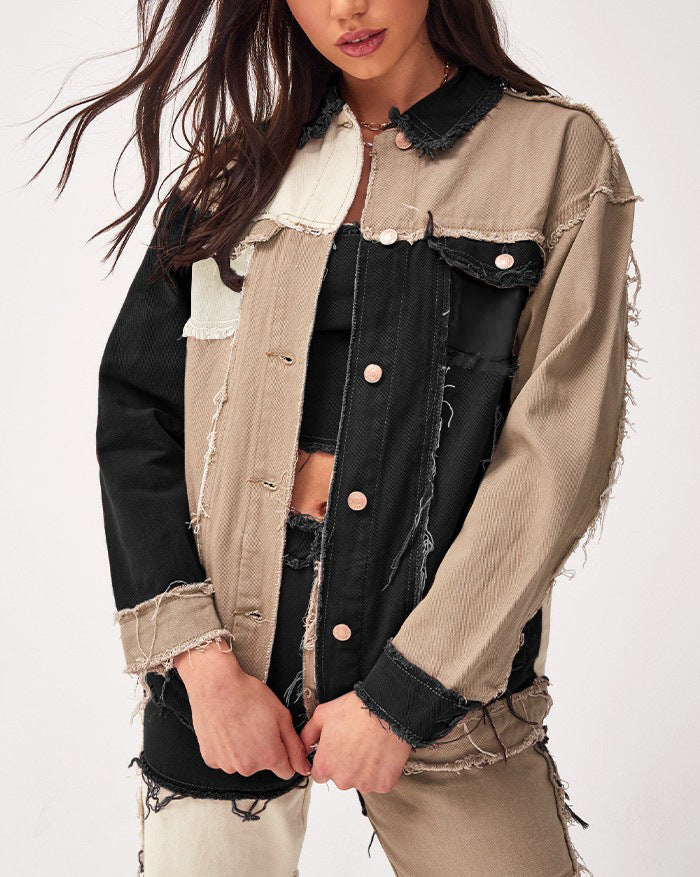 Women Loose Autumn Retro American Patchwork Denim Coat Jacket 4