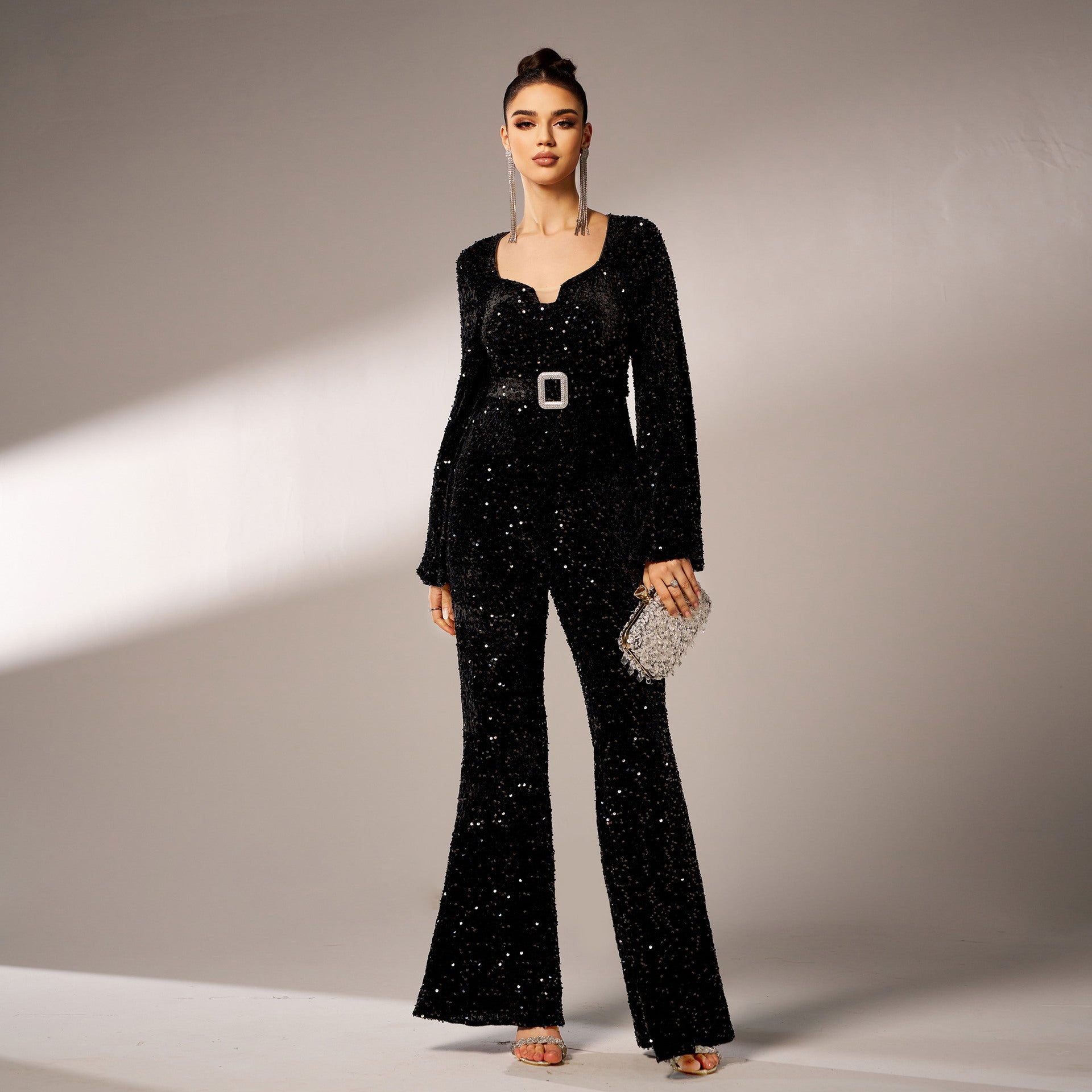 Women long sleeve square neck Bodycon Formal Party sequined Jumpsuit 3