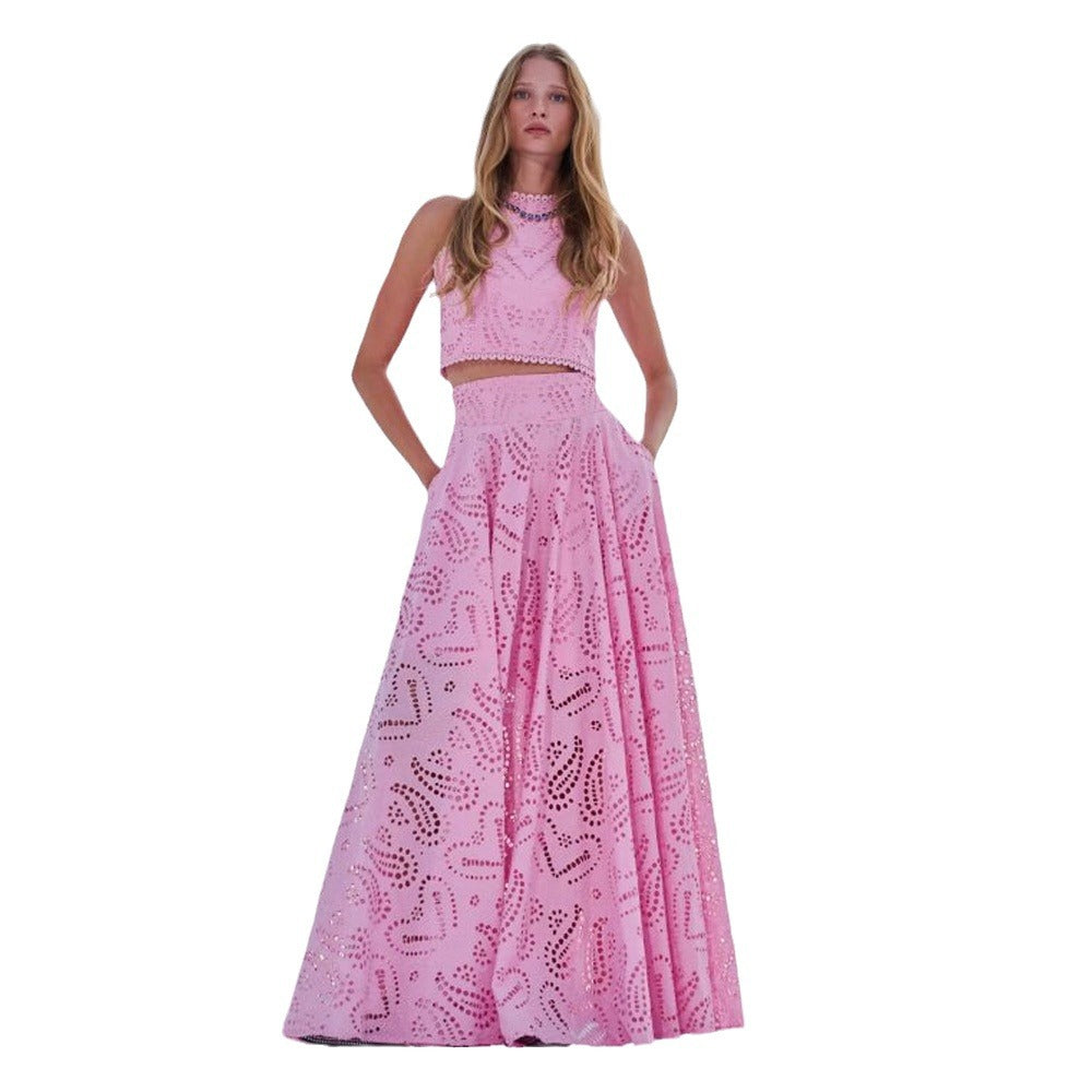 Autumn Women's Chic Sleeveless Embroidery Hollow Lace Top Long Skirt Holidays Two-Piece Set 8