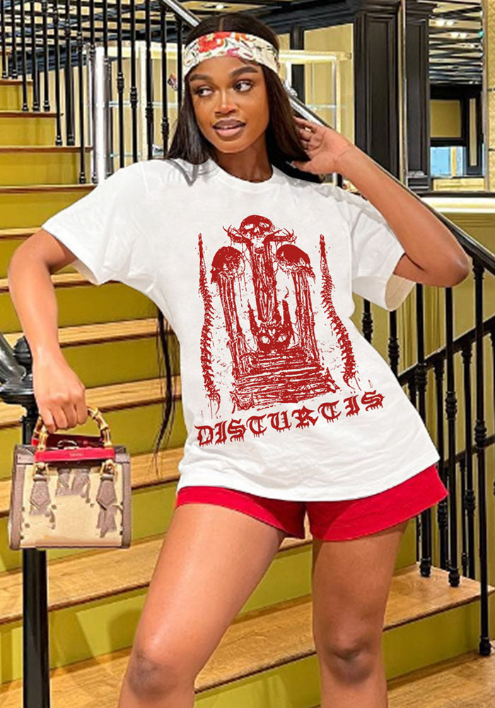 Gothic Printed Summer Fashion Loose T-Shirt Elastic Waist Shorts Two Piece Set