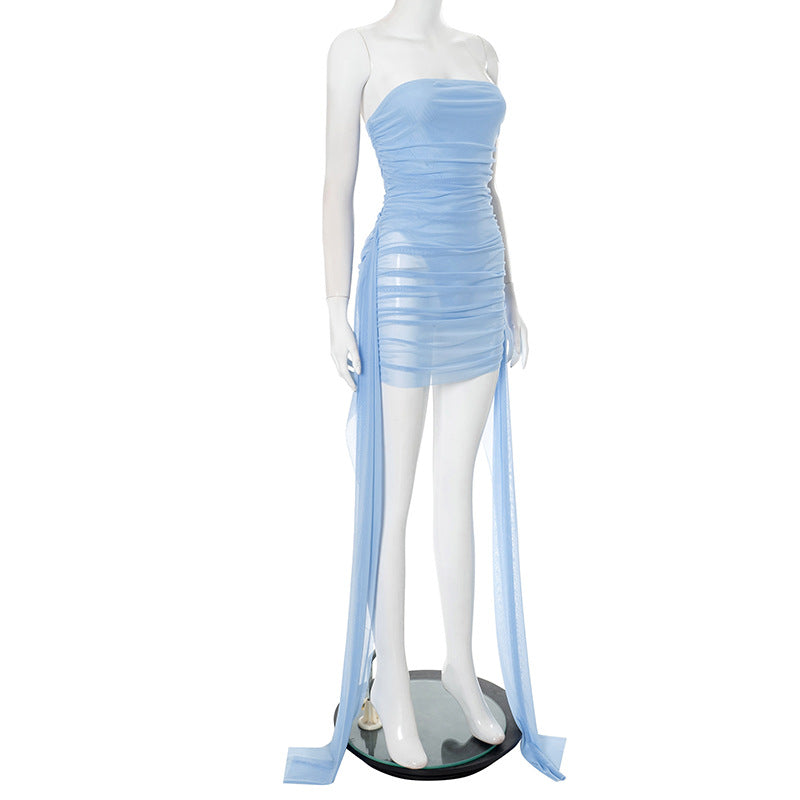 Women Mesh Strapless Ribbon Gathered Dress 5