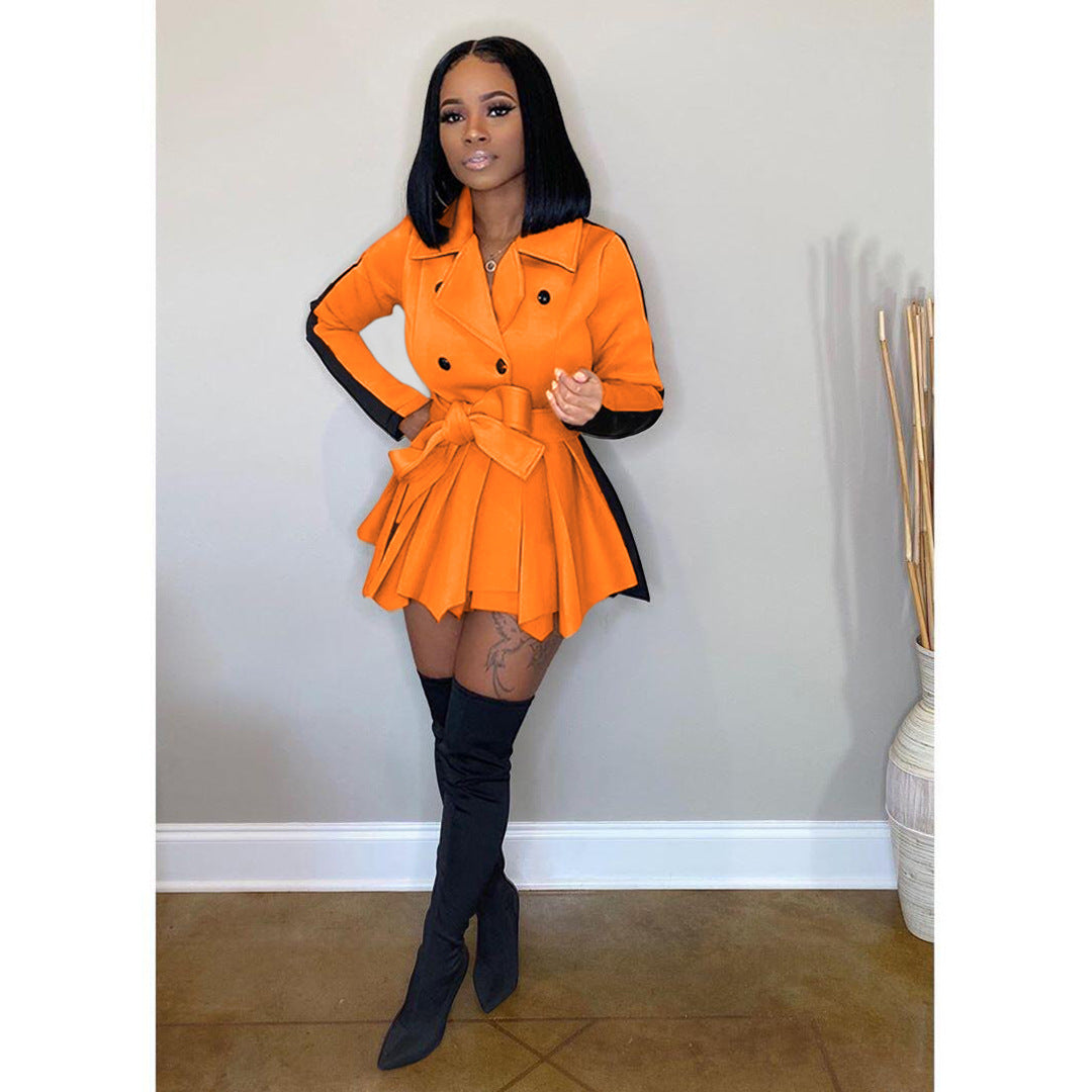 Women Solid Color Block Long Sleeve Casual Dress 18