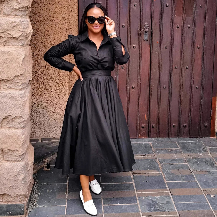 Women Long Sleeve Turndown Collar African Elegant Black Dress 5