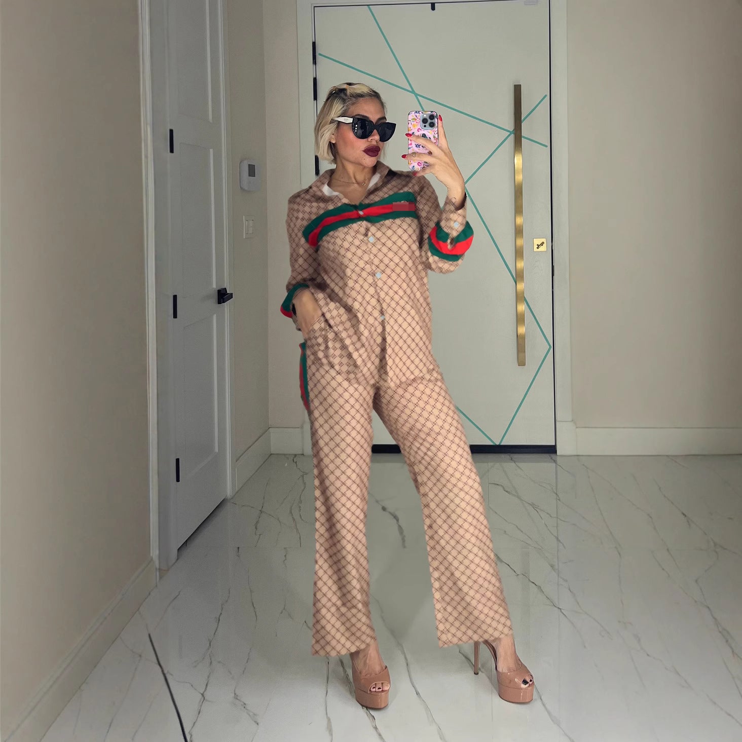 Women Print Shirt + Pants Two Piece Set