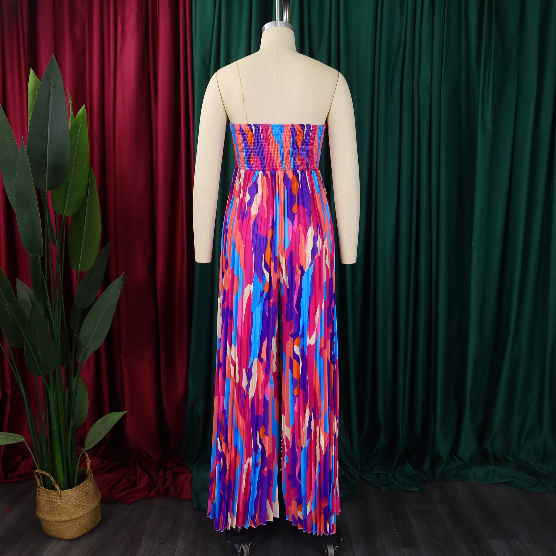 Women summer sexy printed chest-wrapped off-shoulder pleated wide-leg Jumpsuit 8