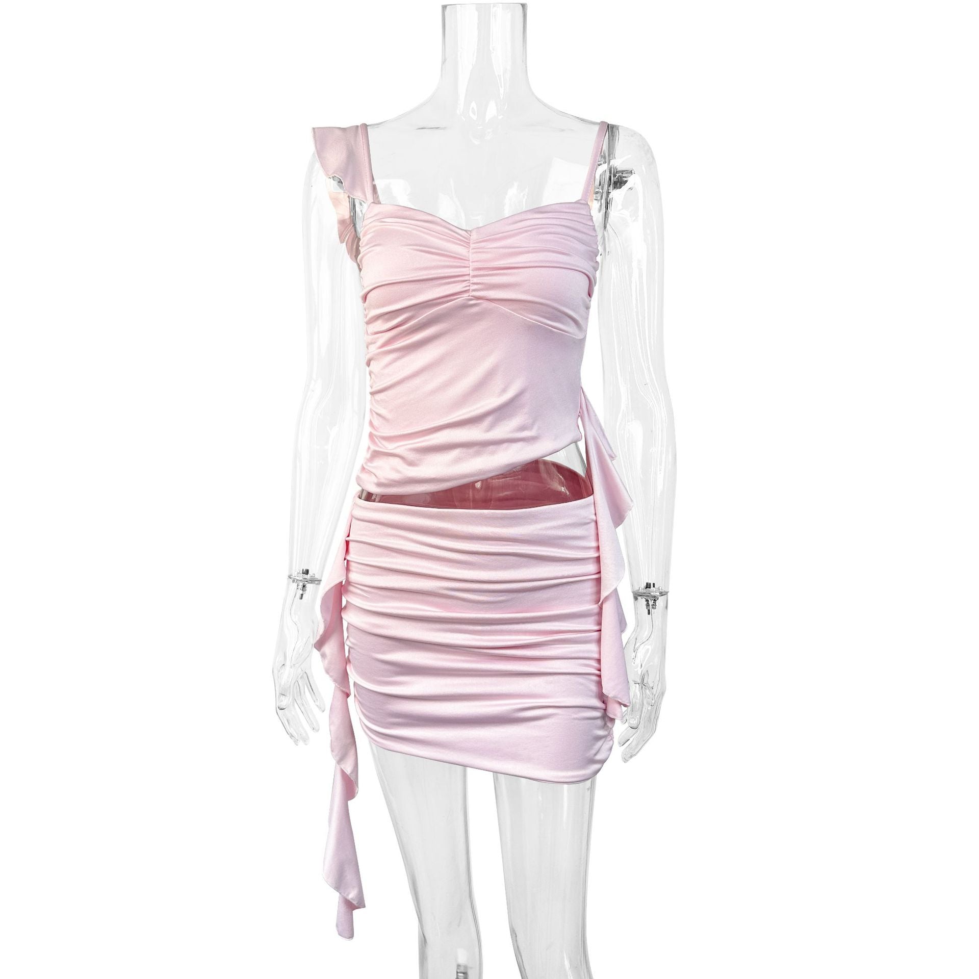 Sexy Draped Strap Bodycon Ruffle Two-Piece Skirt Set 7