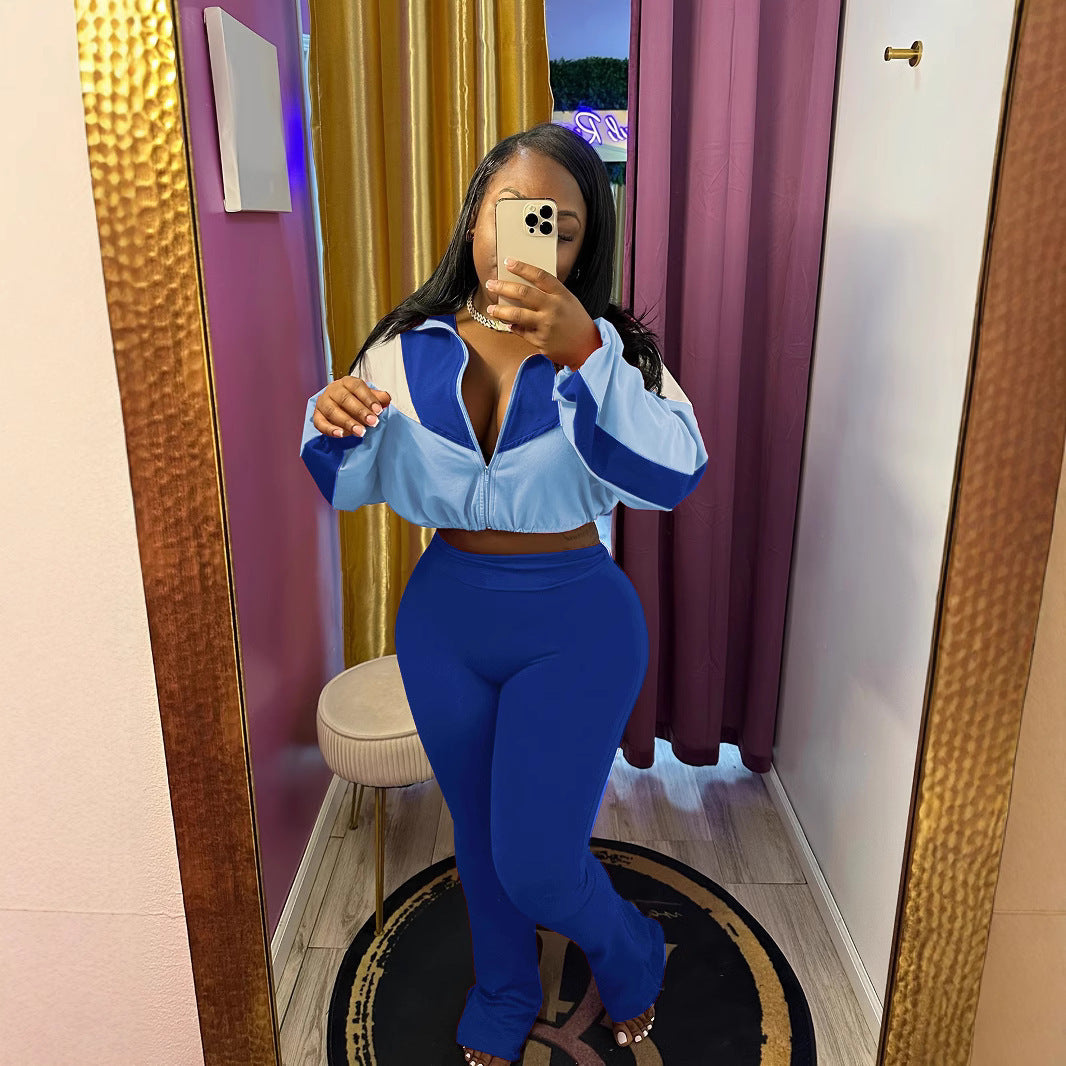 Women Colorblock Zipper Top and Pant Sports Two-Piece Set 5
