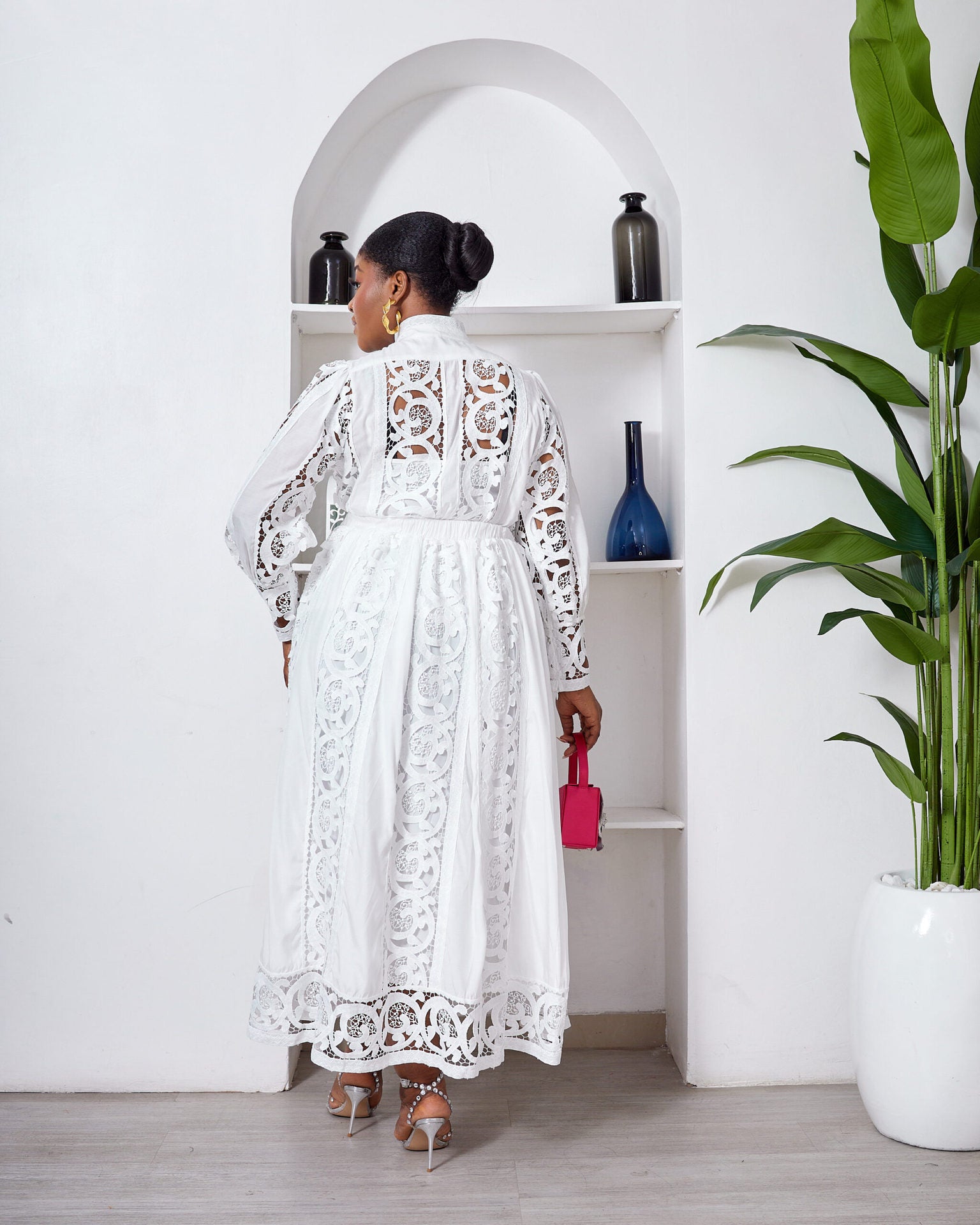 Autumn Lace Sheer Embroidered Blouse High Waist Midi Skirt Set 5