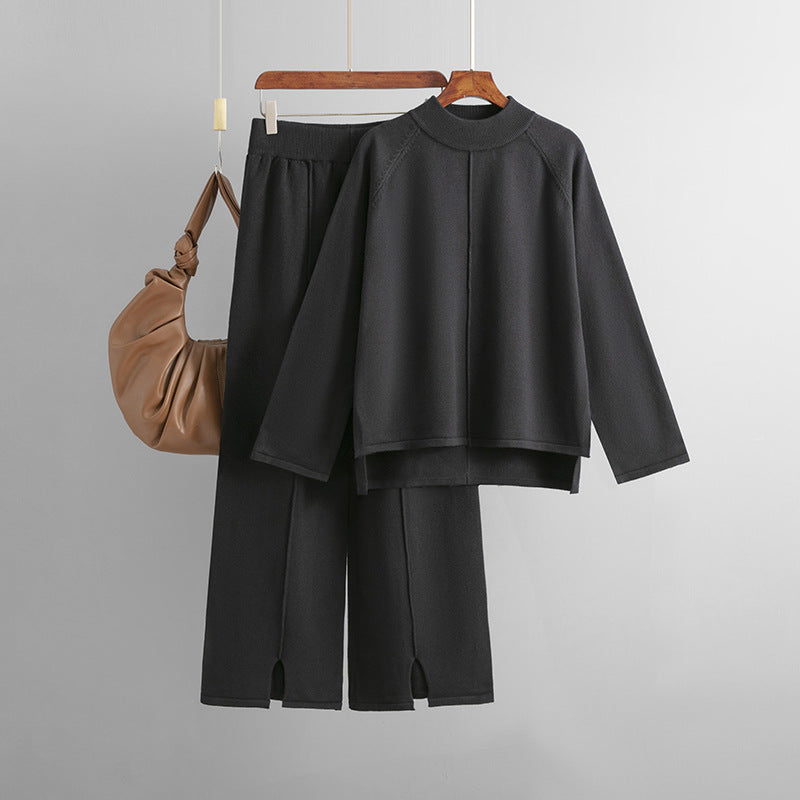 Women autumn and winter loose solid sweater and slit wide-leg pants two-piece set 9