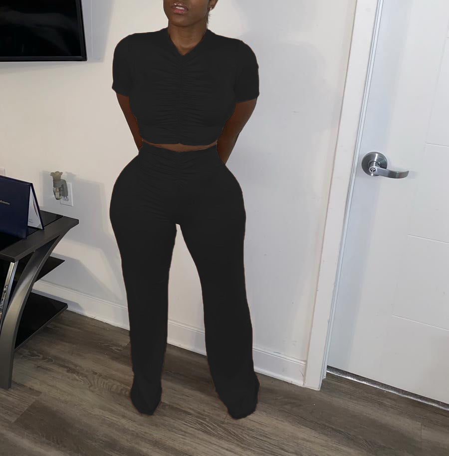 WomenPleat Short Sleeve Crop Top and Bell Bottom Pant Two-Piece Set 4