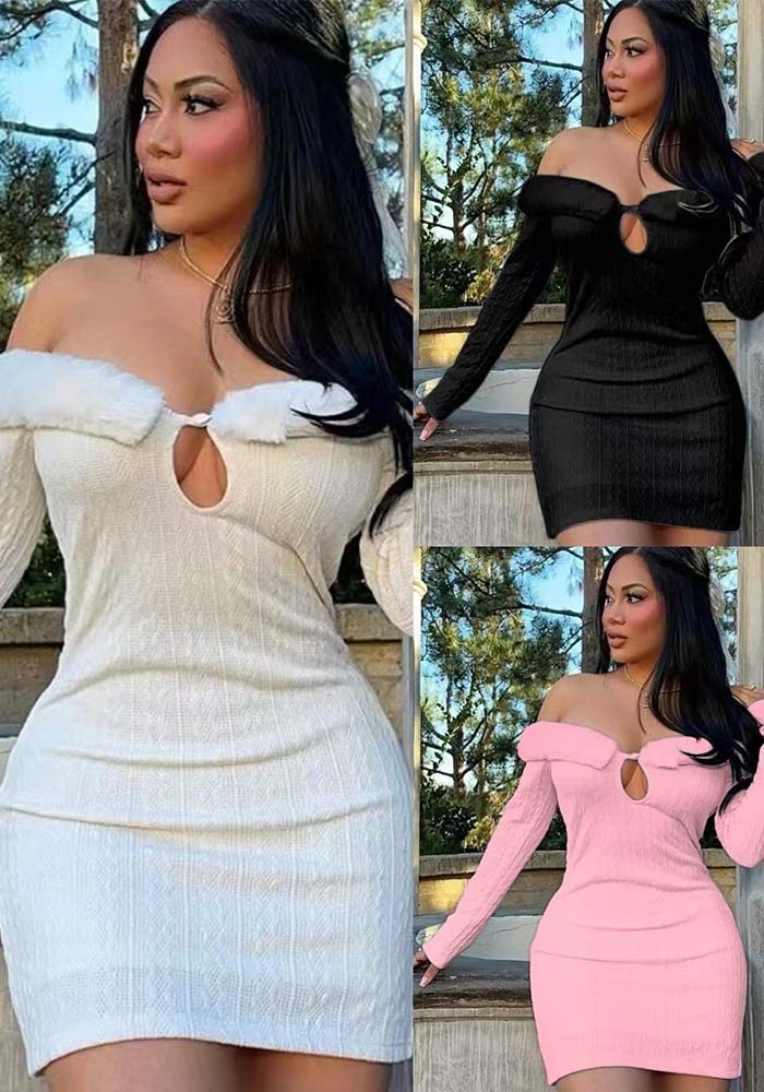 Women Sexy Off Shoulder Long Sleeve Patchwork Button Hollow Dress