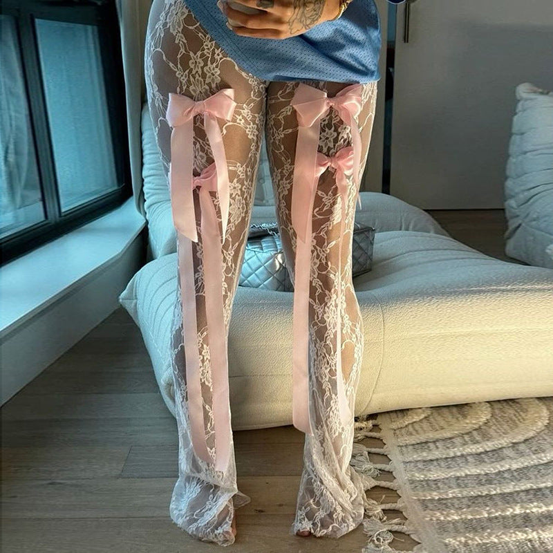 High-Waisted Lace See-Through Bow Trousers Straight-Leg Pants