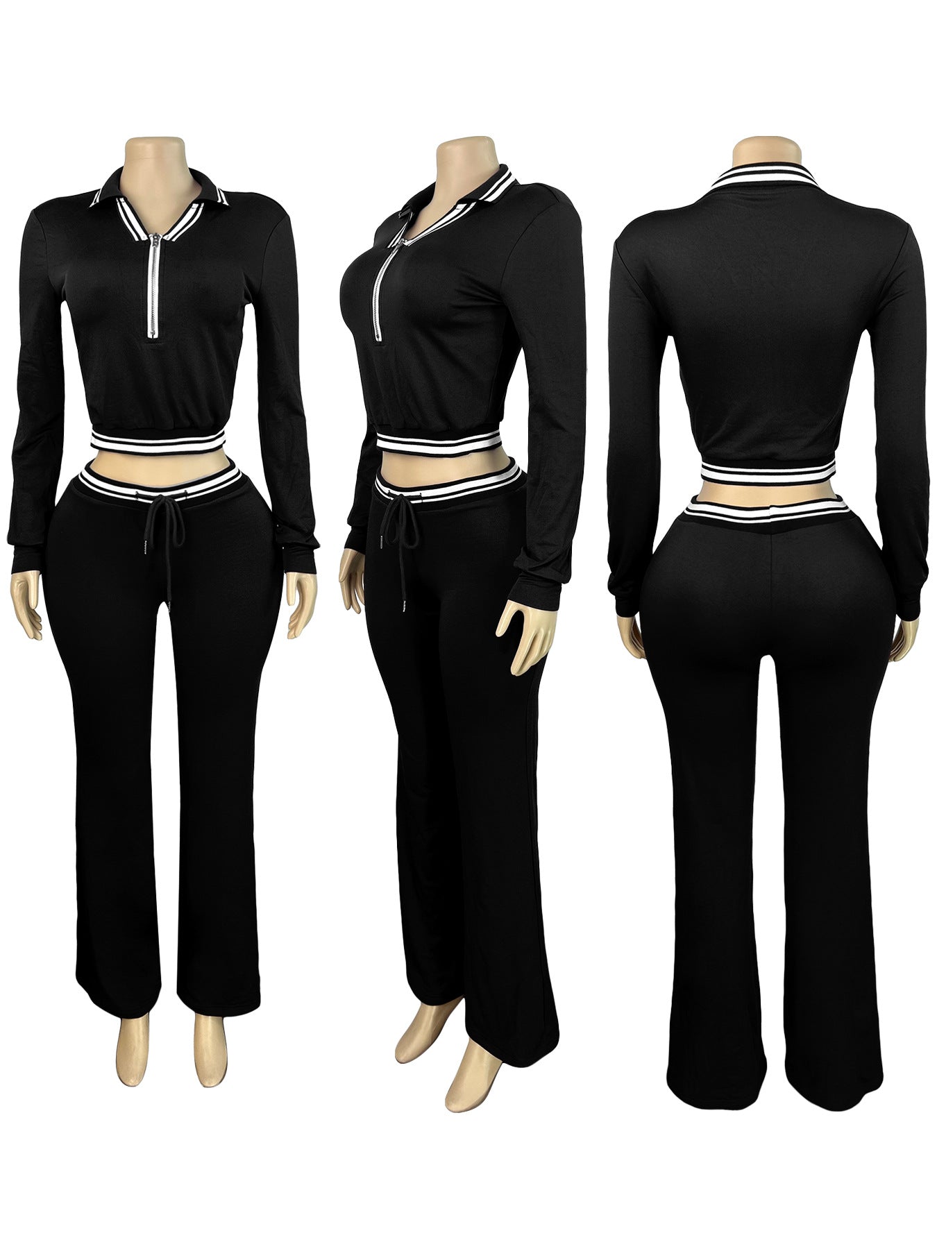 Women Turndown Collar Half-Zip Top and Drawstring Wide-Leg Pants Casual Athletic Two-Piece Set 13