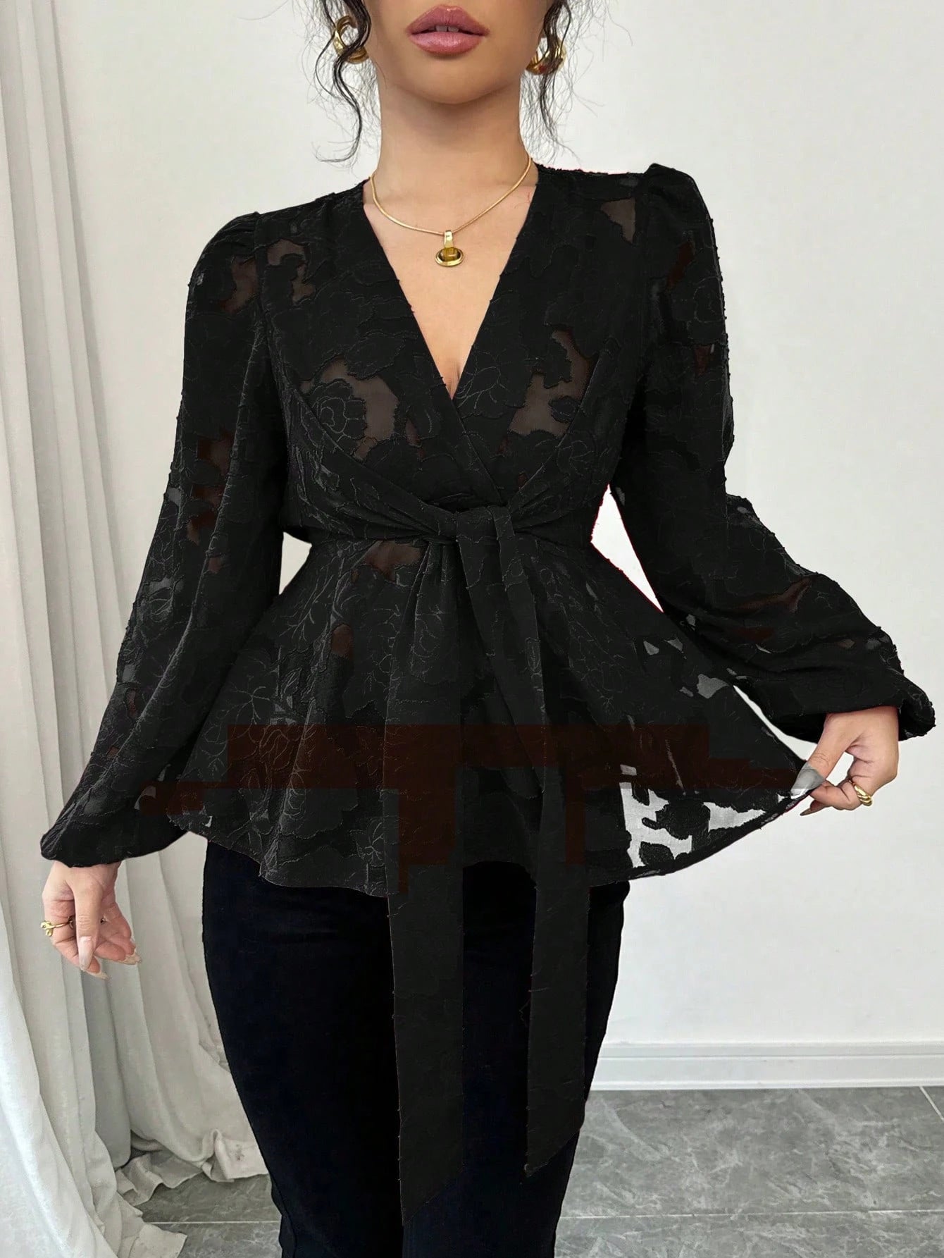 Women's Fashion Spring Autumn Sexy Sheer Long Sleeve V-Neck Blouse 5