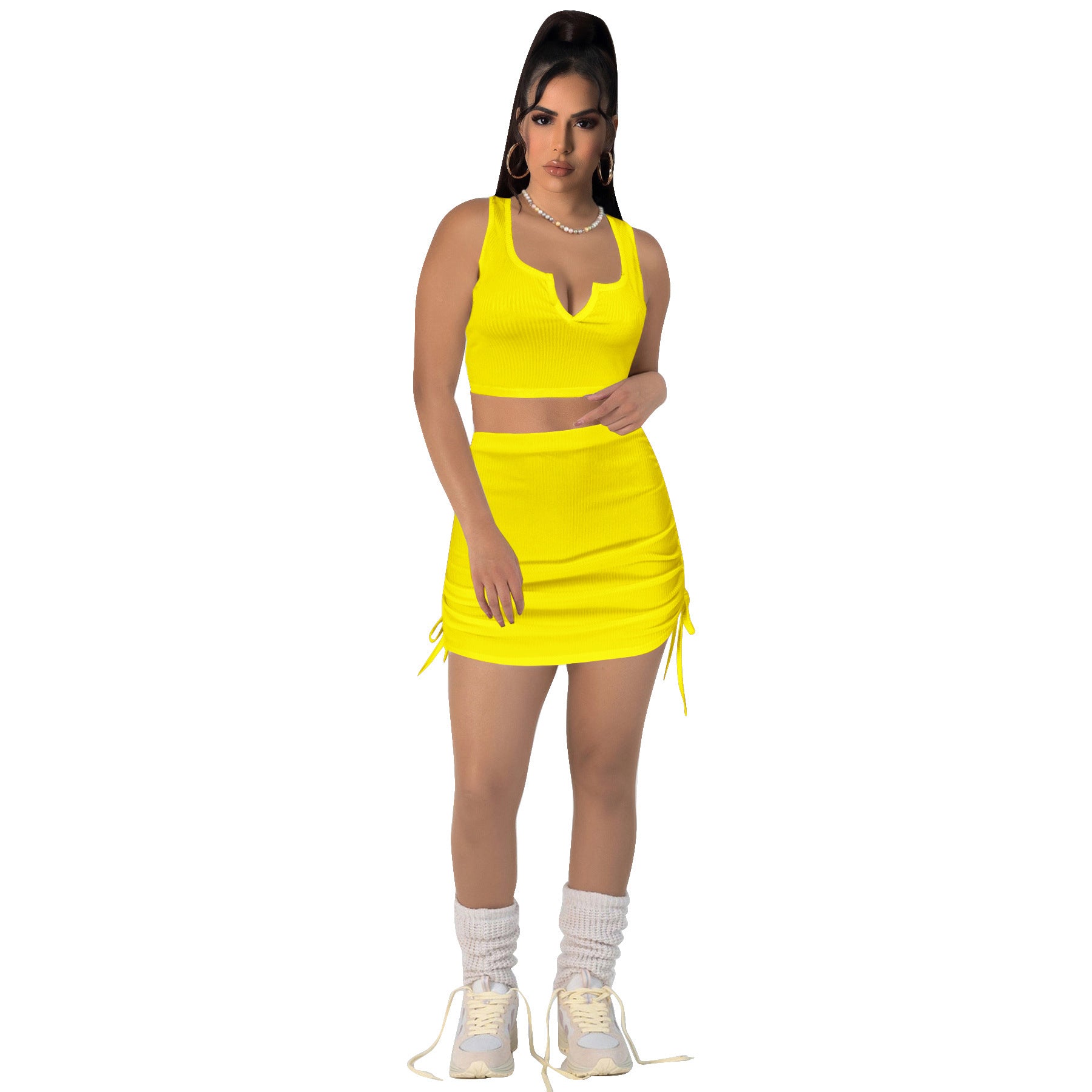 Women Stretch sexy v-neck Top and drawstring Solid Skirt two-piece set 24