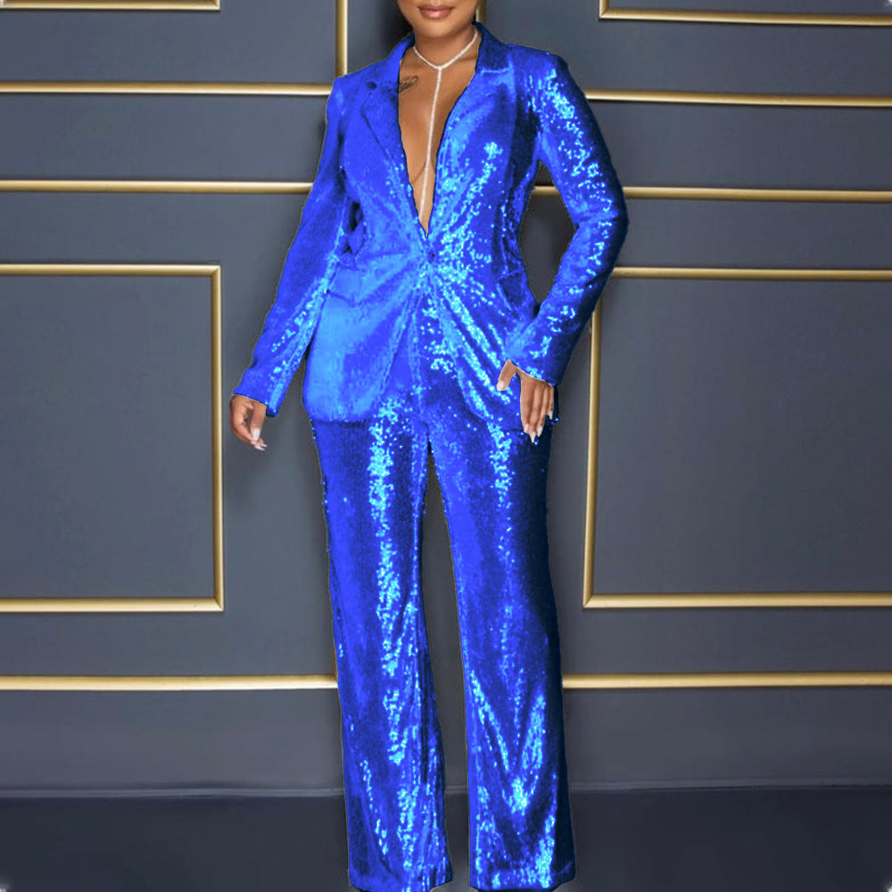 Women's Long Sleeve V-Neck Sequined Blazer Pants Two-Piece Set 4