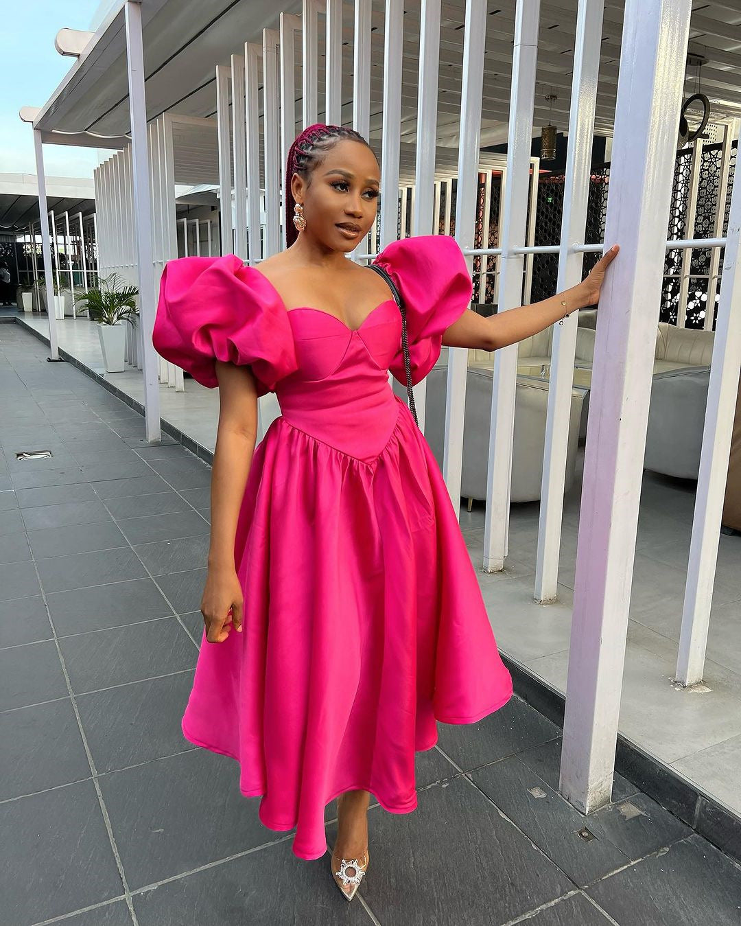 Women's Winter And Spring Fashion Square Neck Puff Sleeve Solid Color Slim Waist Maxi Dress 3