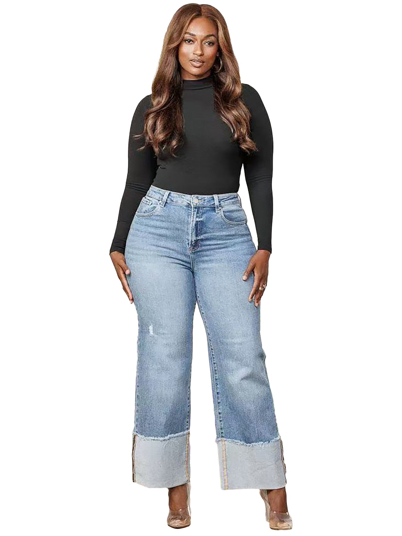 Autumn Winter Women's Solid Color Washed Trousers Folded Legs Long Denim Pants 6