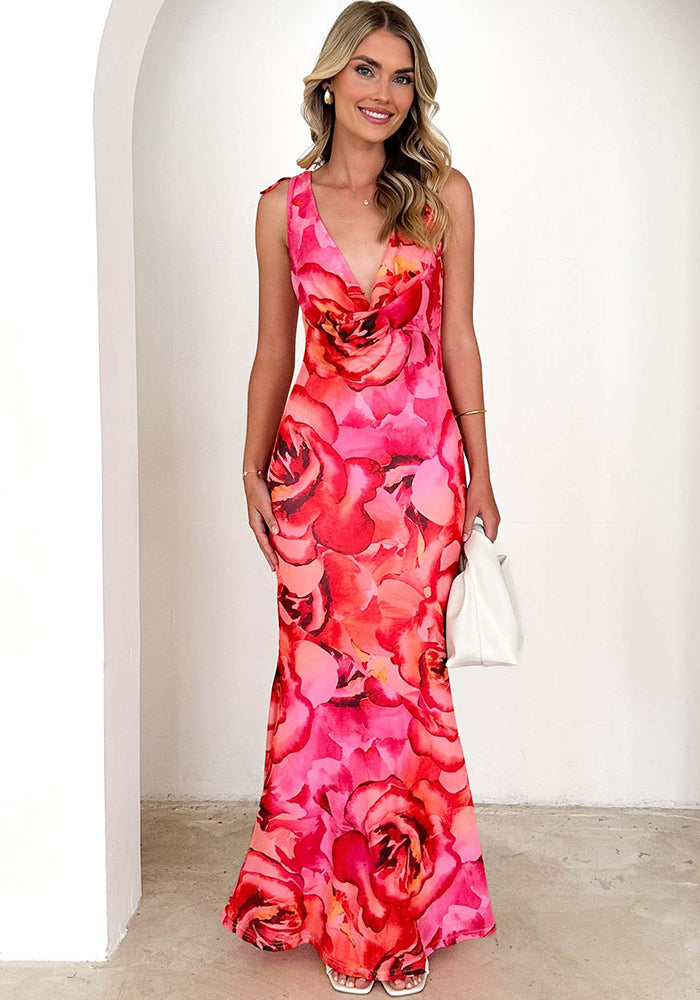 Spring Summer Sleeveless V-Neck Printed Sexy Long Dress