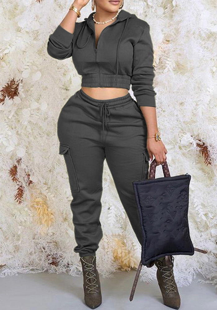 Spring Autumn Women's Fashion Chic Solid Color Zipper Hoodies Trousers Two-Piece Tracksuit