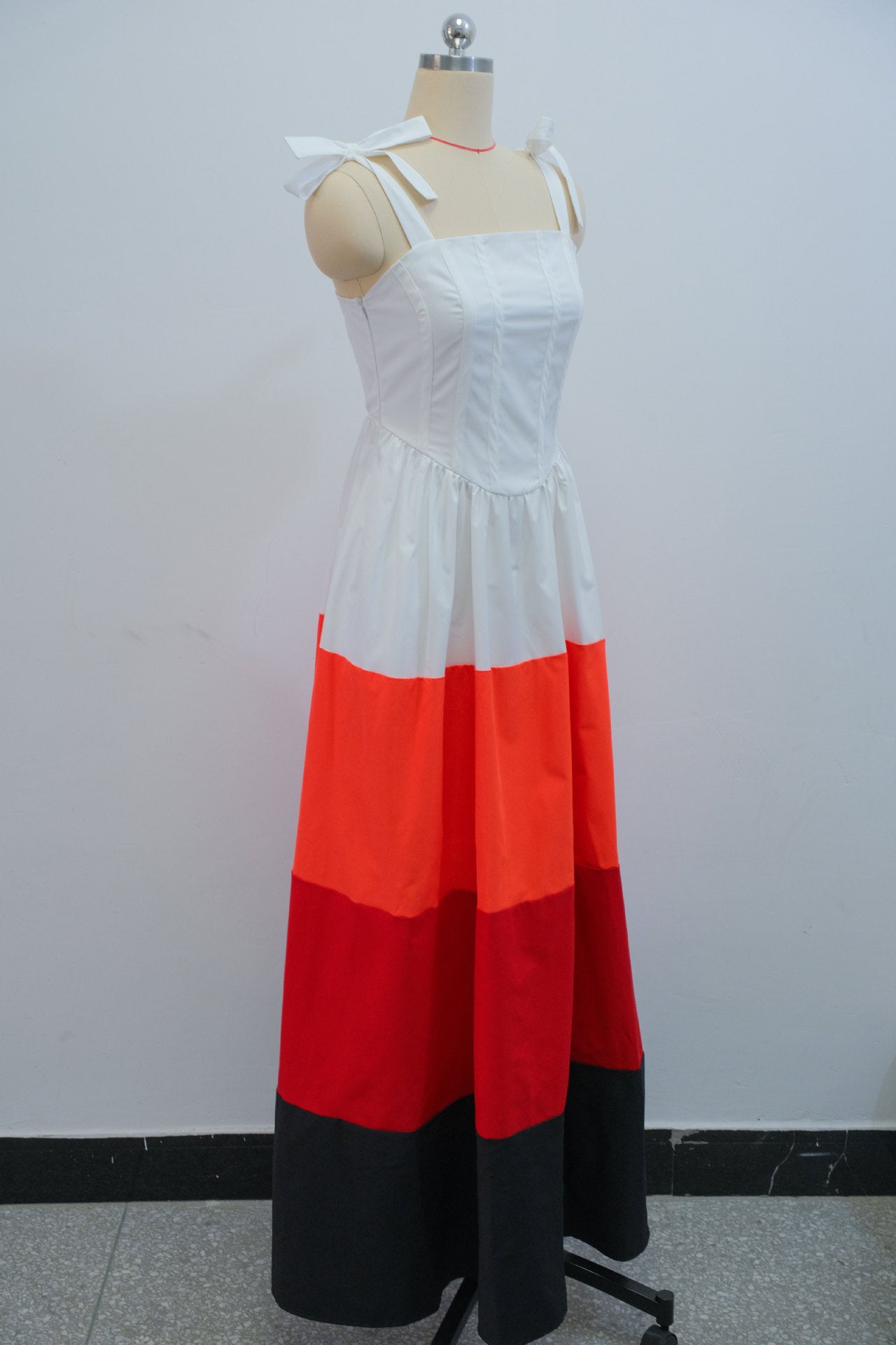 Women Spring Bow Suspender Color Block Dress 7