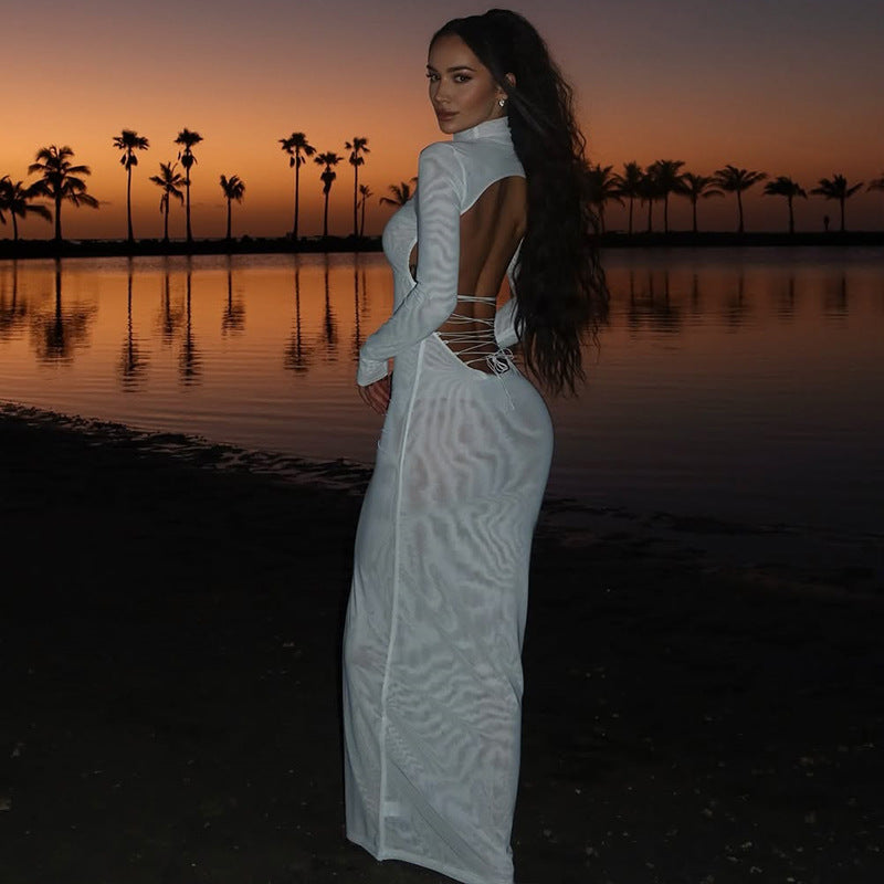 Women Elegant Sexy Backless Stand Collar Long Sleeve Solid Maxi Dress 6