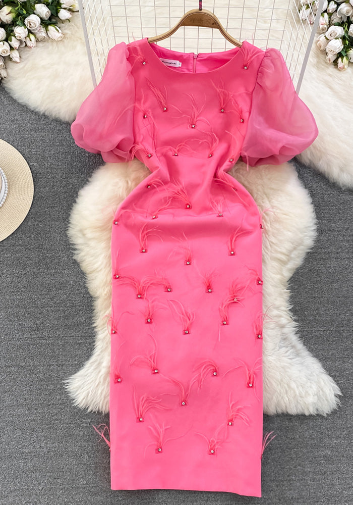 Luxury Chic Puff Sleeve Round Neck Slim Waist Slim Fit Tassel Bodycon Dress