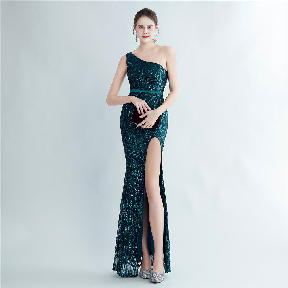 Positional Sequin One Shoulder Side Slit Long Evening Gown 15