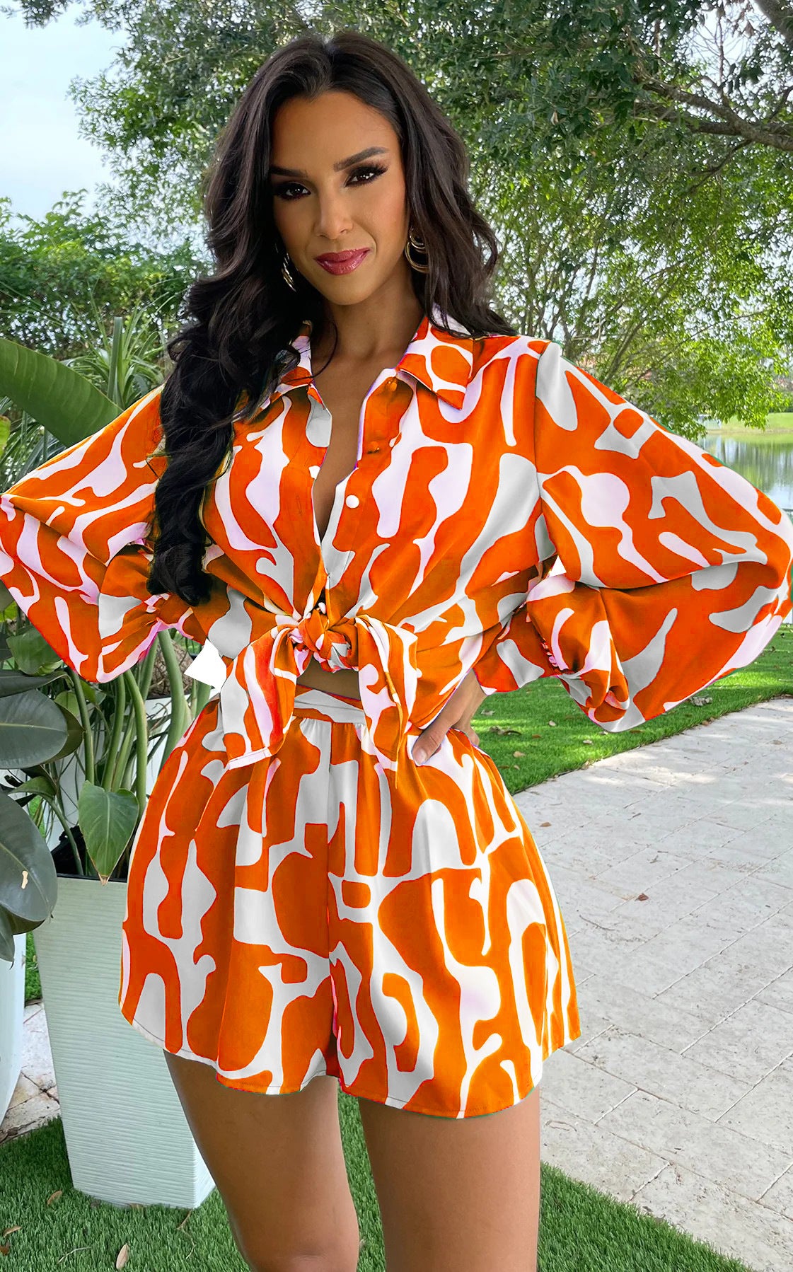 Loose Printed Long Shirt Casual Women's Shorts Set Summer Two-Piece Set 4