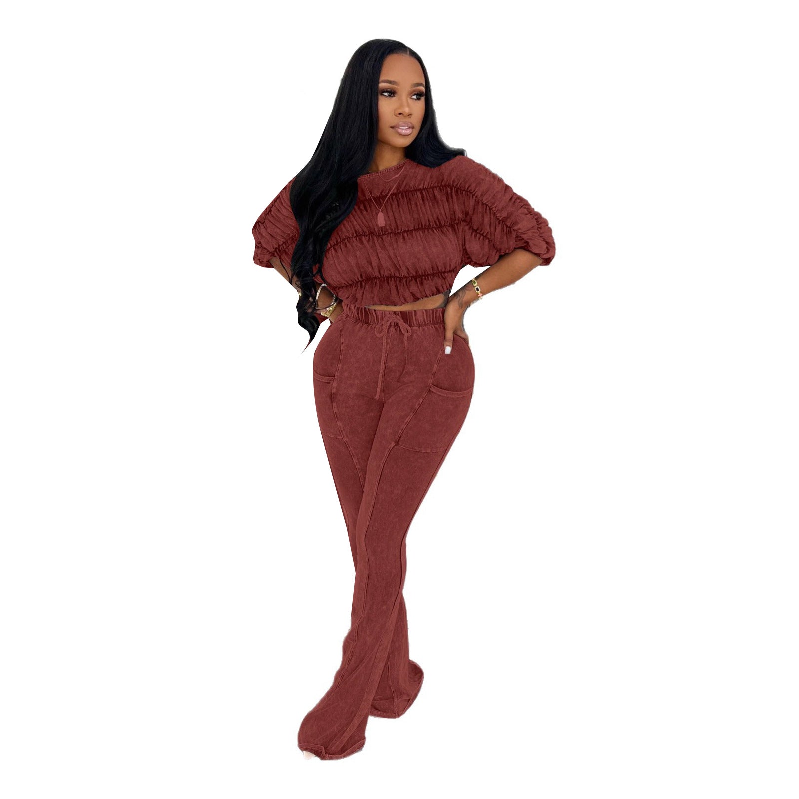 Women's Sexy Crop Top Slim-Fitting Flared Pants Two-Piece Set 7