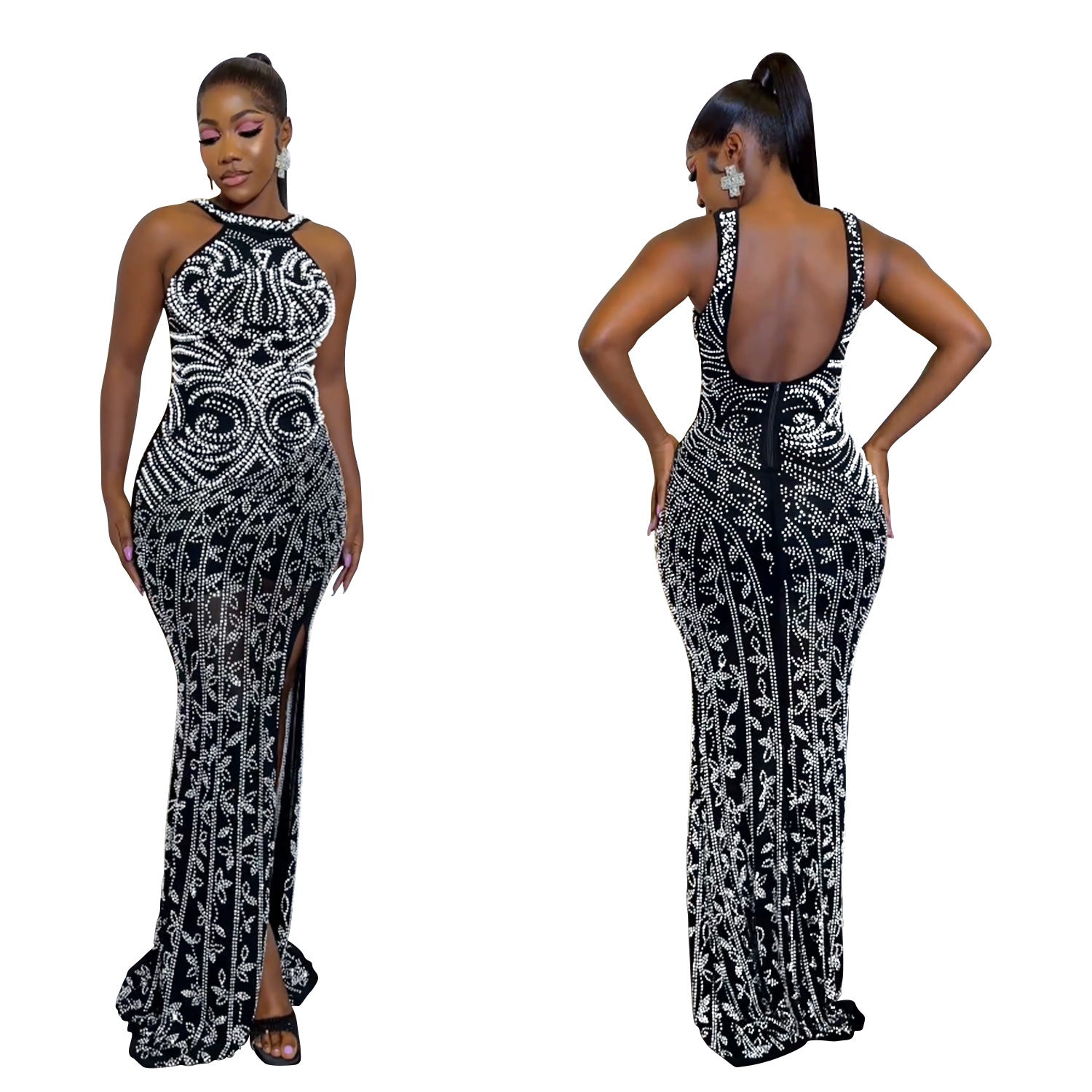 Women Solid Beaded Slit Backless Dress 6