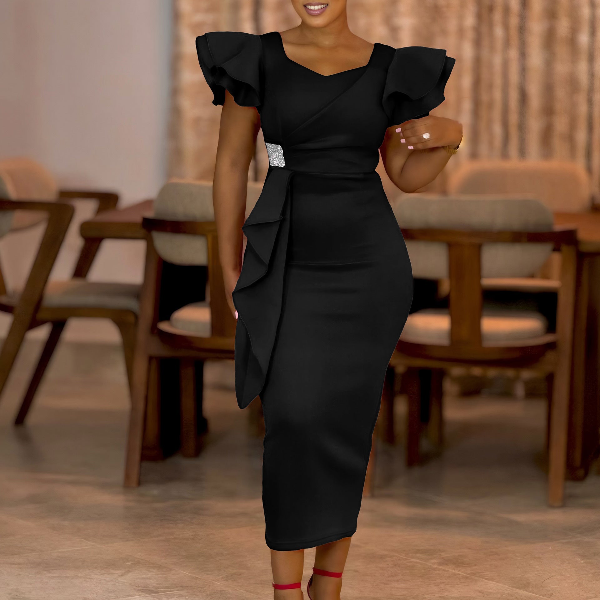 Women Elegant Ruffle Solid Bodycon Dress 4