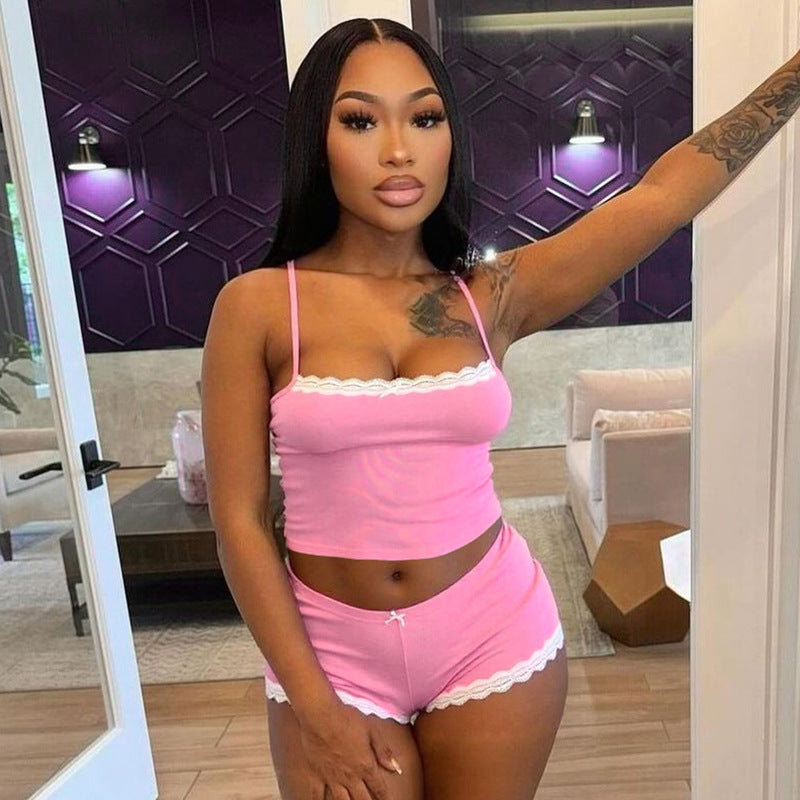 Women Spring and Summer Suspender Lace Bow Lace Crop Top and Shorts Two-Piece Set