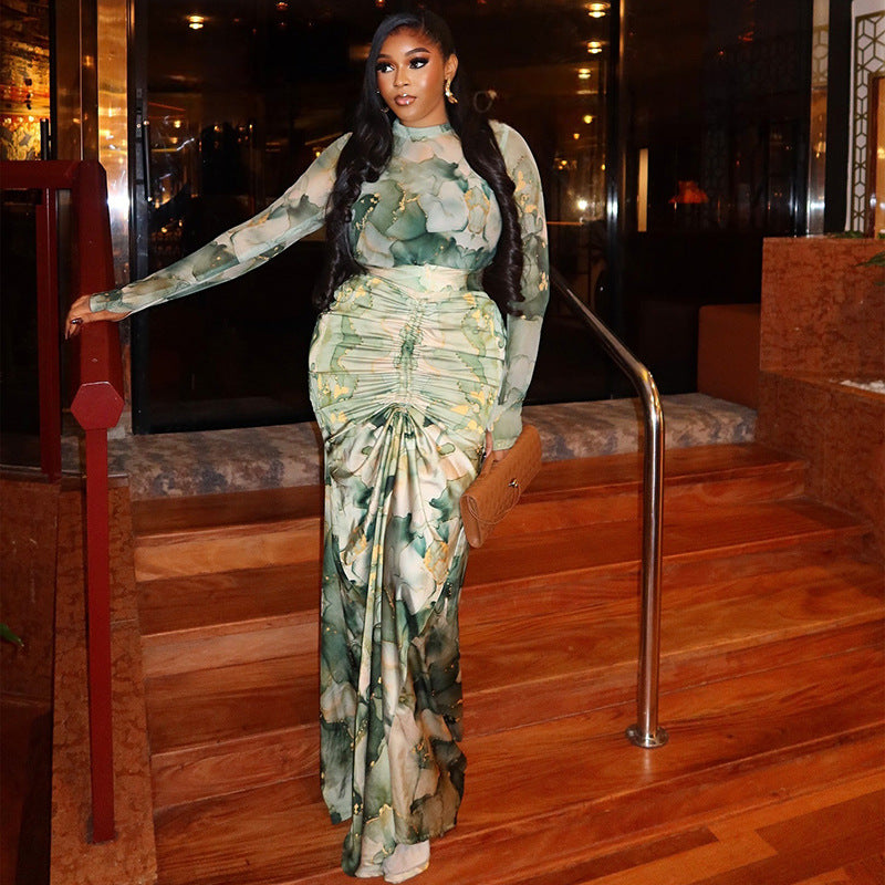 Women Casual Printed Turtleneck Top and Pleated Long Skirt Two-piece Set 4