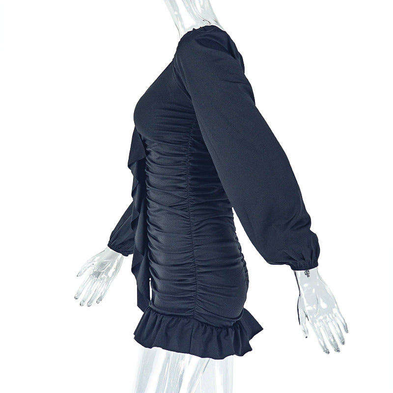 Loose Pleated U Neck Low Back Long Sleeve Dress Casual Comfort 11