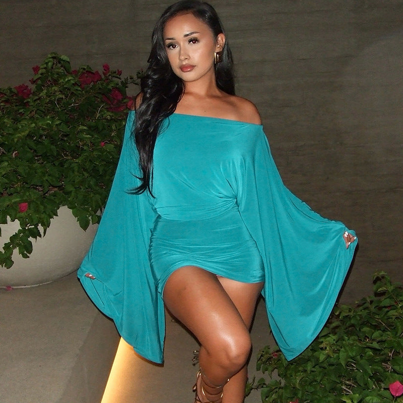 Women Off-Shoulder Bell Bottom Long-Sleeved Top and Skirt Two-Piece Set 6